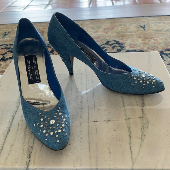 Denim Stuart Weitzman Rhinestone Pumps 8 Narrow - Picture 1 of 10